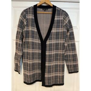 M Tan Black Plaid Open Front Knit Cardigan Sweater Preppy Punk Lety&Me Layer‎